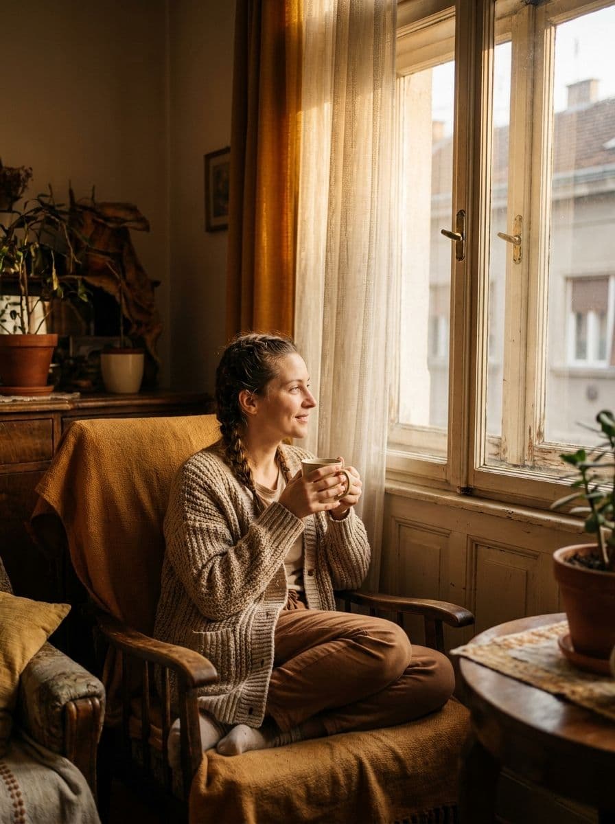 Žena sedi u fotelji kraj prozora i mirno pije čaj